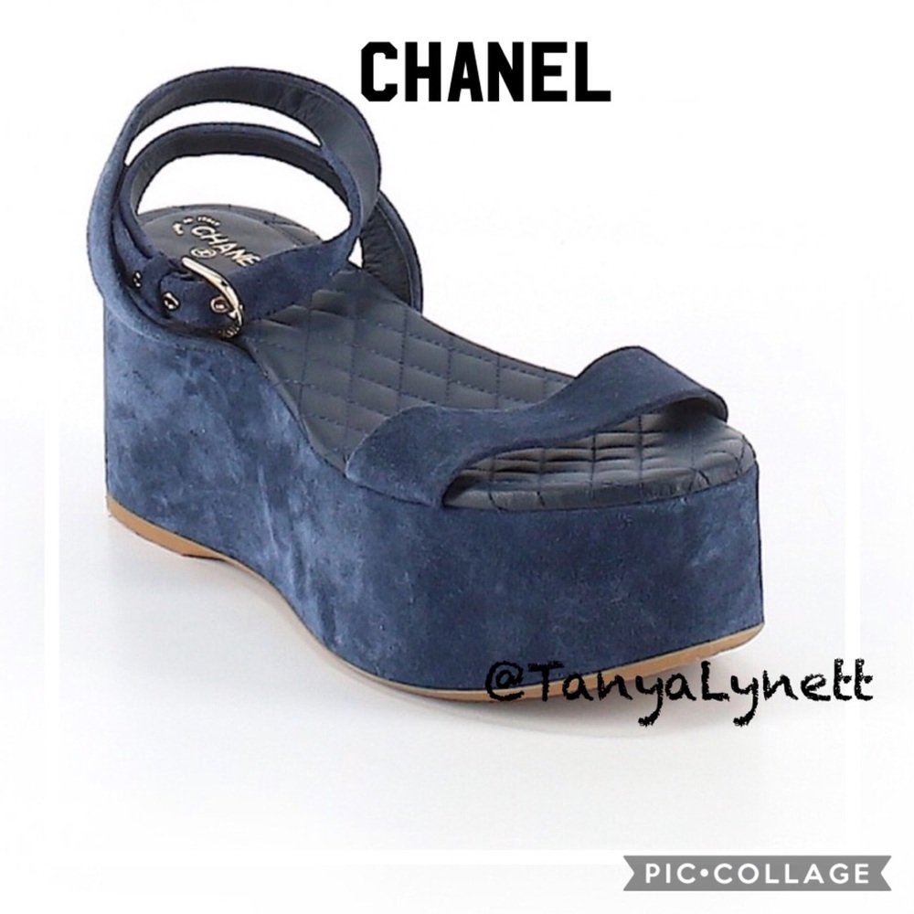 Chanel blue suede platform sandals - Picture 1 of 8